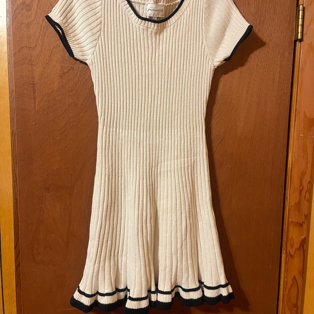 Cream Ribbed Knit Dress with Black Trim